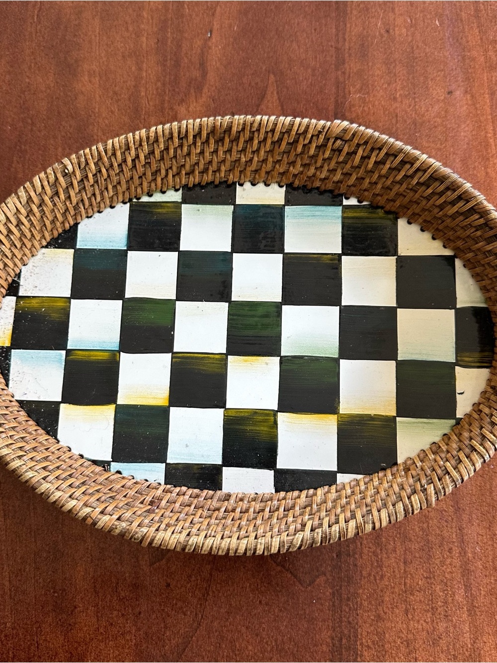 MacKenzie-Childs Checkerboard Woven Rim Tray - Black, White, Yellow, Green